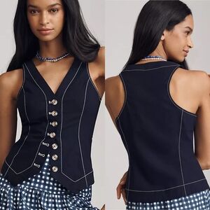 By Anthropologie Slim Button-Front Vest Contrast Stitch XL Navy